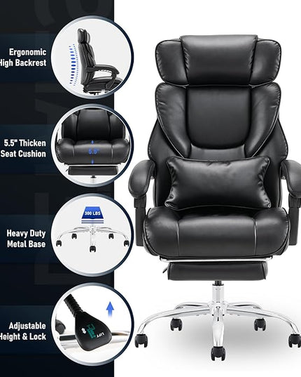 Executive Office Chair with Footrest, Ergonomic High Back Desk Chair, Computer Chair with Adjustable Headrest, Height, Tilt Lock, Extra Lumbar Support Pillow for Comfort, Large Home Office Chair-Black - LeafyLoom