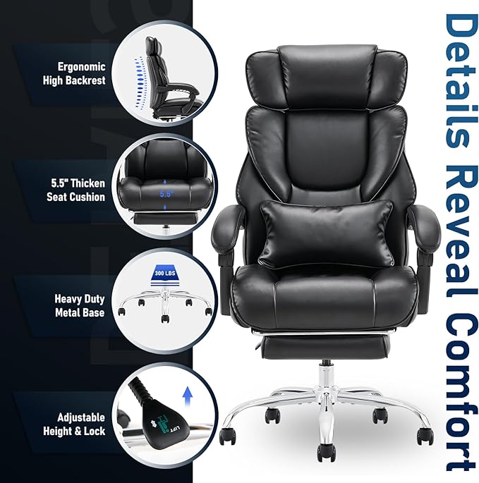 Executive Office Chair with Footrest, Ergonomic High Back Desk Chair, Computer Chair with Adjustable Headrest, Height, Tilt Lock, Extra Lumbar Support Pillow for Comfort, Large Home Office Chair-Black - LeafyLoom
