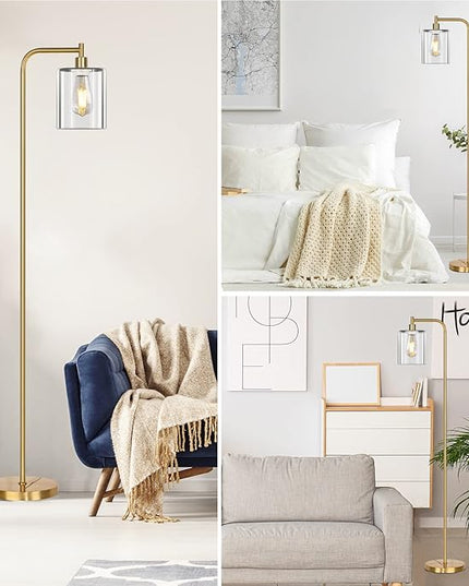 QiMH Industrial Floor Lamp for Living Room, Modern Standing Lamp with HD Glass Lampshade and Pedal Switch, 67” Tall Pole Light for Bedroom Study Room, Brushed Gold (2700K LED Bulb Included) - LeafyLoom