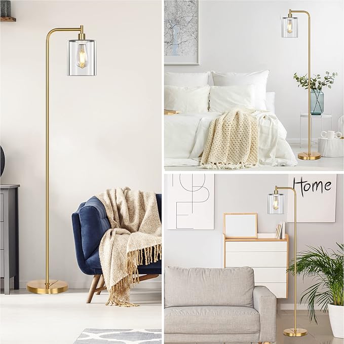 QiMH Industrial Floor Lamp for Living Room, Modern Standing Lamp with HD Glass Lampshade and Pedal Switch, 67” Tall Pole Light for Bedroom Study Room, Brushed Gold (2700K LED Bulb Included) - LeafyLoom