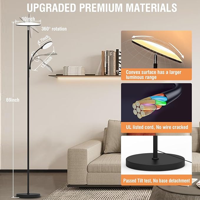 2024 New Floor Lamp, 44W 4500LM Super Bright LED Floor Lamp for Living Room, Remote Floor Lamp with Reading Light, Dimmable Modern Stand Tall Lamp for Bedroom Office - LeafyLoom