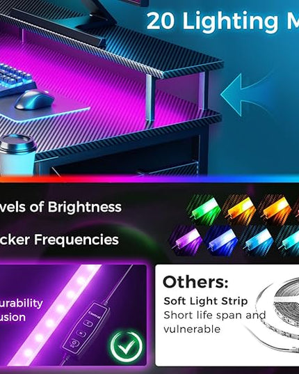 ODK L Shaped Gaming Desk with LED Lights & Power Outlets, 50.8" Computer Desk with Full Monitor Stand, Corner Desk with Cup Holder, Gaming Table with Hooks, Black Carbon Fiber - LeafyLoom