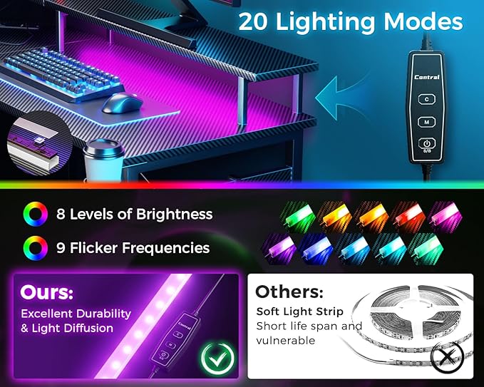 ODK L Shaped Gaming Desk with LED Lights & Power Outlets, 50.8" Computer Desk with Full Monitor Stand, Corner Desk with Cup Holder, Gaming Table with Hooks, Black Carbon Fiber - LeafyLoom