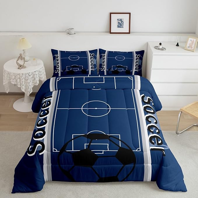 Feelyou Kids Soccer Ball Game Comforter Set King Size Rugby Sports Bedding Set for Boys Girls Teens Bedroom Decor Football Comforter Football Lover Duvet Set with 2 Pillow Case - LeafyLoom