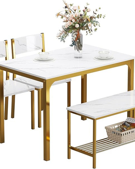 sogesfurniture Modern 4-Piece Kitchen Dining Table Set with 1 Bench and 2 Chairs, Kitchen Bench Table Set for 4, Wooden Kitchen Table and Chairs for Limited Space,Gold - LeafyLoom