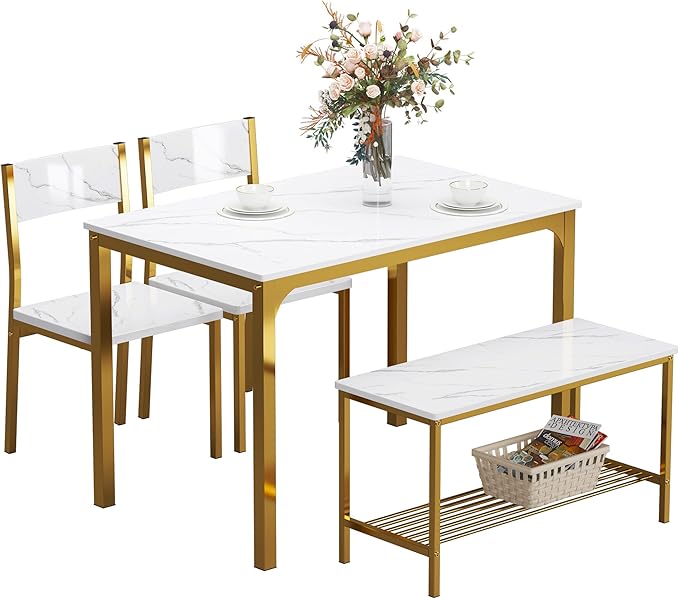 sogesfurniture Modern 4-Piece Kitchen Dining Table Set with 1 Bench and 2 Chairs, Kitchen Bench Table Set for 4, Wooden Kitchen Table and Chairs for Limited Space,Gold - LeafyLoom