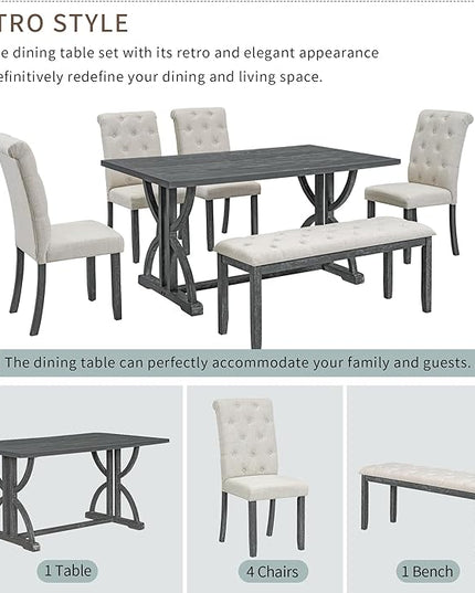 60 Inch Dining Table Set for 6, Retro Rectangular Dining Table with Unique Legs and 4 Upholstered Chairs & 1 Bench, Dining Room Table Set for Dining Room/Living Room, Grey Wash - LeafyLoom