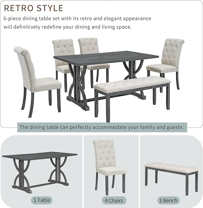 60 Inch Dining Table Set for 6, Retro Rectangular Dining Table with Unique Legs and 4 Upholstered Chairs & 1 Bench, Dining Room Table Set for Dining Room/Living Room, Grey Wash - LeafyLoom