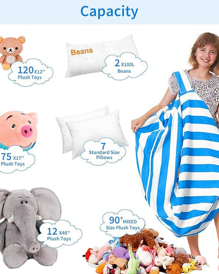 Aubliss Stuffed Animal Bean Bag Storage Chair (Blue/White Striped, Large (38'')) - LeafyLoom