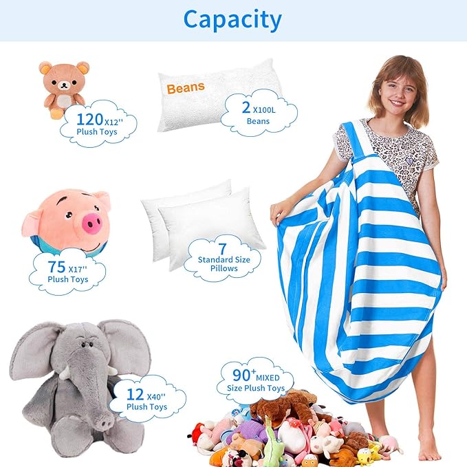 Aubliss Stuffed Animal Bean Bag Storage Chair (Blue/White Striped, Large (38'')) - LeafyLoom