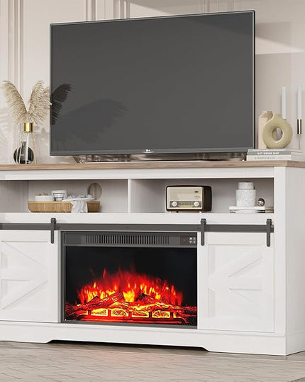 YESHOMY Fireplace TV Stand for Television up to 65+ Inch with Storage and Farmhouse Sliding Barn Doors, Entertainment Center with Cabinet and Shelves, Media Console for Living Room, White - LeafyLoom