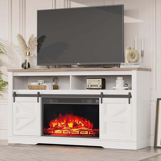YESHOMY Fireplace TV Stand for Television up to 65+ Inch with Storage and Farmhouse Sliding Barn Doors, Entertainment Center with Cabinet and Shelves, Media Console for Living Room, White - LeafyLoom