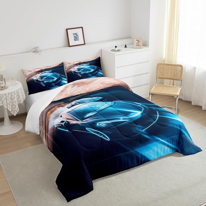 Erosebridal King Size Comforter Set for Boys Race Car Bedding Bedroom Decor, Sports Car for Boys Girls Teen Kids Children Car Racing Gifts, Race Cars Bed Set,Blue Black - LeafyLoom