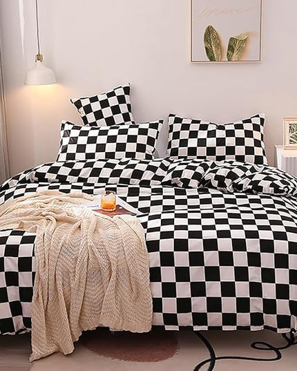 Black White Grid Comforter Set Twin Black Plaid Bedding Set Girls Black and White Checkered Bed Comforter Set Breathable Blanket Set Kids Durable Bedding Comforter Set - LeafyLoom