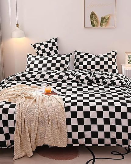 Black White Grid Comforter Set Cal King Black Plaid Bedding Set Women Black and White Checkered Bed Comforter Set Breathable Blanket Set Men Durable Bedding Comforter Set - LeafyLoom