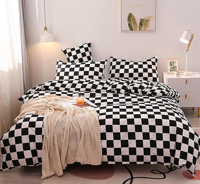 Black White Grid Comforter Set Cal King Black Plaid Bedding Set Women Black and White Checkered Bed Comforter Set Breathable Blanket Set Men Durable Bedding Comforter Set - LeafyLoom