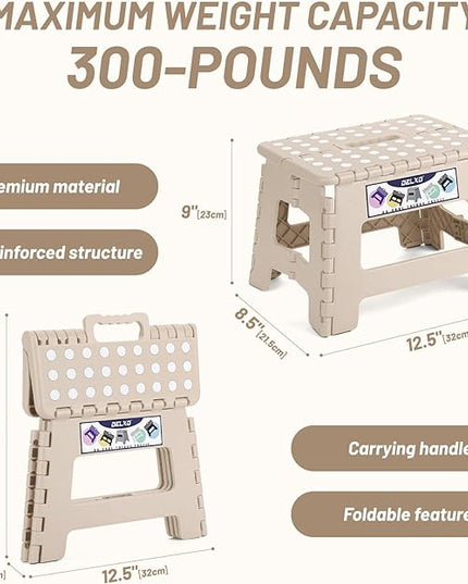 Delxo Folding Step Stool,9 Inch Lightweight Plastic Step Stool,Portable Collapsible Foldable Step Stool Non Slip Folding Stools for Kitchen Bathroom Bedroom in Khaki,1 Pack - LeafyLoom