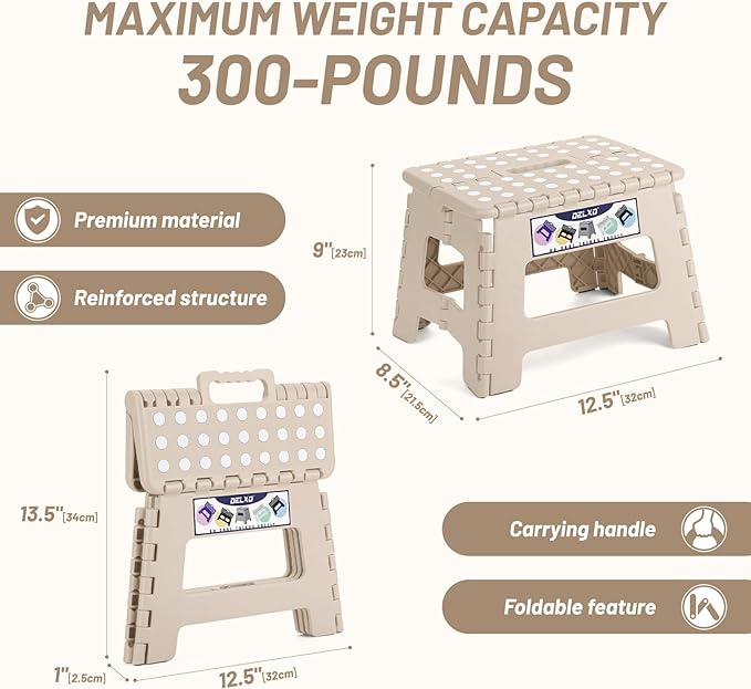 Delxo Folding Step Stool,9 Inch Lightweight Plastic Step Stool,Portable Collapsible Foldable Step Stool Non Slip Folding Stools for Kitchen Bathroom Bedroom in Khaki,1 Pack - LeafyLoom