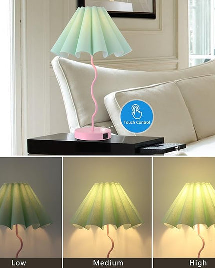 Table Lamp for Bedroom Nightstand Modern Touch Green Pink Lamp Dimmable Lamp for Living Room End Table with USB Port and Outlet - LeafyLoom