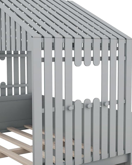 Full Size Low Loft Bed, Wooden House Shaped Loft Bed Frame with 4 Storage Drawers for Kids Teens Boys Girls, Easy Assembly, No Box Spring Needed, Gray - LeafyLoom