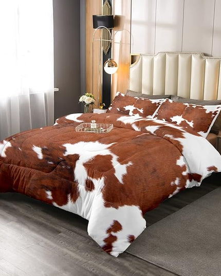 Cow Print Comforter Set Queen Size,Cowhide Print Bedding Set Teens Adults,Farmhouse Animal Hair Down Comforter,Rustic Western Bedding For Kids Boys Girls Teens Adult Bedroom Decor, Brown White - LeafyLoom