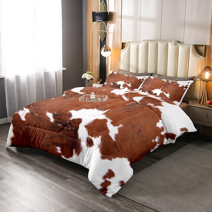 Cowhide Print Comforter Set Full Size, Western Farm Animal Fur Bedding Set, Brown White Cow Print Down Comforter For Kids Boys Girls Teens,Rustic Farmhouse Cow Quilt Set Bedroom Decor 2 Pillow Cases - LeafyLoom