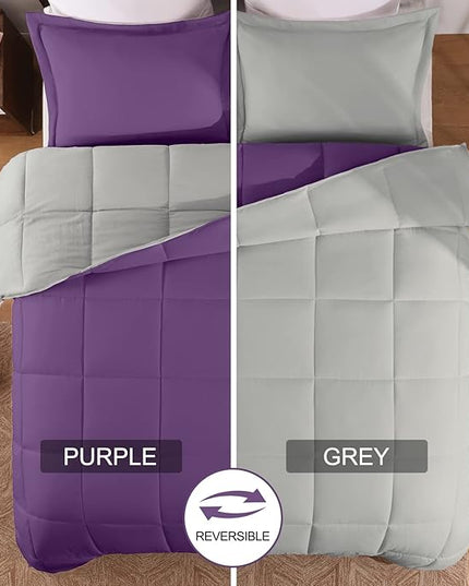 Basic Beyond Queen Comforter Set - Fluffy Comforter Queen Set for All Seasons - Reversible Purple Comforter Set Queen for Mens - 3 Pieces (1 Comforter + 2 Pillow Shams) - Purple/Grey - LeafyLoom
