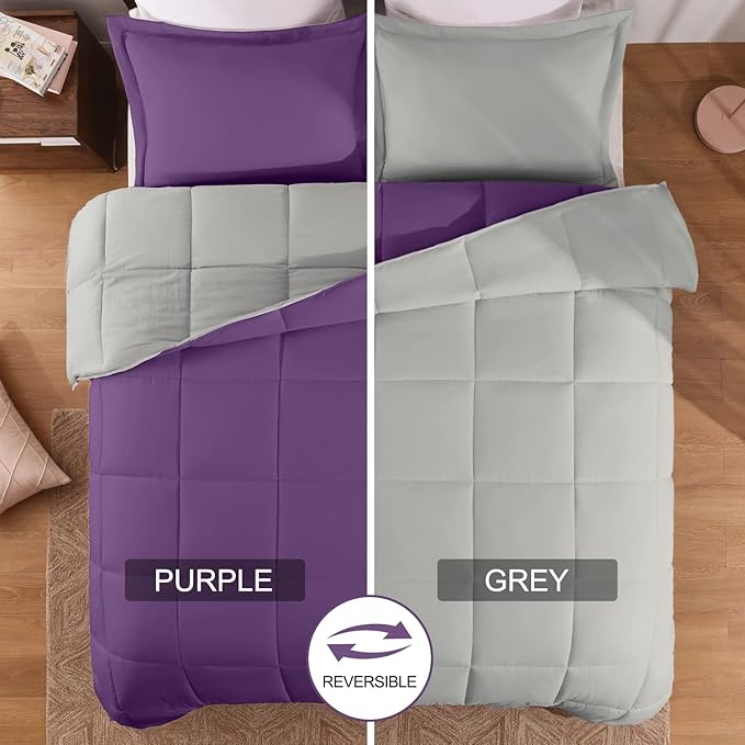 Basic Beyond Queen Comforter Set - Fluffy Comforter Queen Set for All Seasons - Reversible Purple Comforter Set Queen for Mens - 3 Pieces (1 Comforter + 2 Pillow Shams) - Purple/Grey - LeafyLoom