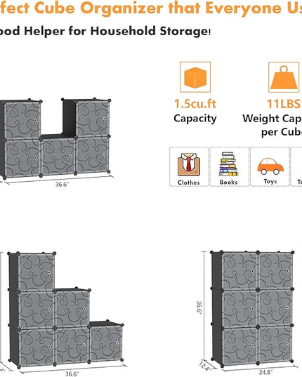 C&AHOME Cube Storage Organizer with Doors, 6-Cube Shelves, Closet Cabinet, DIY Plastic Modular Bookshelf Ideal for Bedroom, Living Room, 36.6”L x 12.4”W x 36.6”H Black SHS3006B-DOOR - LeafyLoom