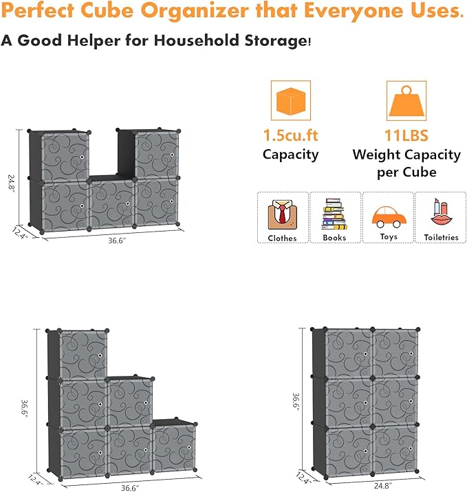 C&AHOME Cube Storage Organizer with Doors, 6-Cube Shelves, Closet Cabinet, DIY Plastic Modular Bookshelf Ideal for Bedroom, Living Room, 36.6”L x 12.4”W x 36.6”H Black SHS3006B-DOOR - LeafyLoom