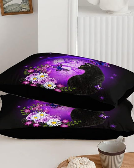 Black Cat Bedding Cartoon Cat Comforter Set Full,Daisy Butterflies Printed Kids Bedding Set for Kids Boys Girls Adults Room Decor,Kids Comforter Set All Season,1 Quilt 2 Pillow Cases,Purple - LeafyLoom