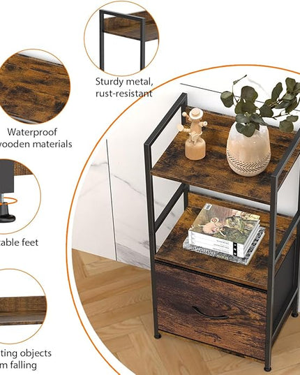 Book Shelf with Storage 3 Tier Narrow Skinny Short Standing Shelves Bookcase with Drawers for Bedroom Living Room, Small Bookshelf for Small Space Rustic Shelf Organizer Office Display Shelf - LeafyLoom