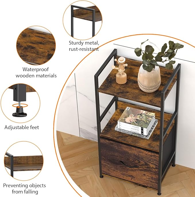 Book Shelf with Storage 3 Tier Narrow Skinny Short Standing Shelves Bookcase with Drawers for Bedroom Living Room, Small Bookshelf for Small Space Rustic Shelf Organizer Office Display Shelf - LeafyLoom