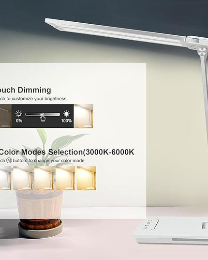 Desk Lamp Dimmable Table Lamp Foldable Reading Lamp Double Swing Arm Desk Light with USB Charging Port,5 Light Modes, Touch Control, Auto-Off Timer, Eye-Caring Led Desk Lamp (Silver) - LeafyLoom