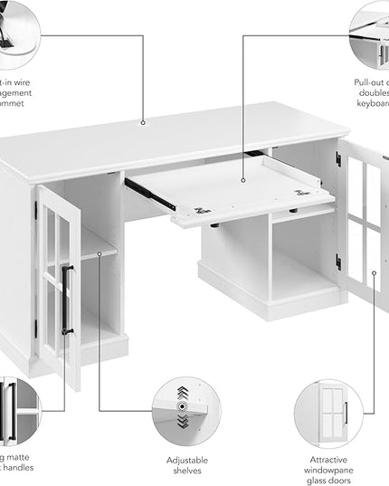 Bush Furniture Westbrook 60W Computer Desk with Storage and Keyboard Tray in White Ash | Farmhouse Desk for Home Office Workspace - LeafyLoom