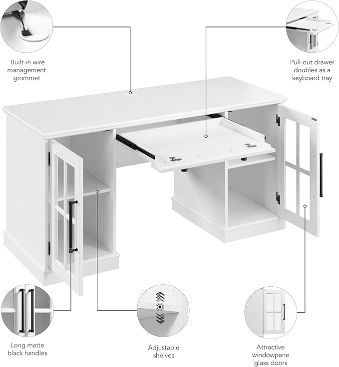 Bush Furniture Westbrook 60W Computer Desk with Storage and Keyboard Tray in White Ash | Farmhouse Desk for Home Office Workspace - LeafyLoom