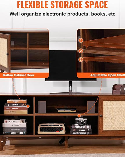 VEVOR Rattan TV Stand for 75in TV, Boho TV Stand with Rattan Door, Entertainment Center with Build-in Socket, Storage Cabinet with 2 Shelves, Modern TV Console for Living Room, Media Room, Walnut - LeafyLoom