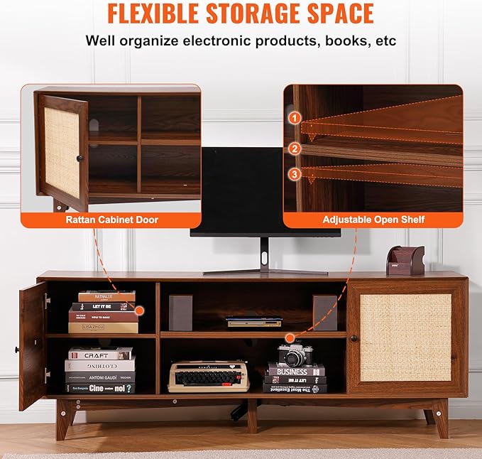 VEVOR Rattan TV Stand for 75in TV, Boho TV Stand with Rattan Door, Entertainment Center with Build-in Socket, Storage Cabinet with 2 Shelves, Modern TV Console for Living Room, Media Room, Walnut - LeafyLoom