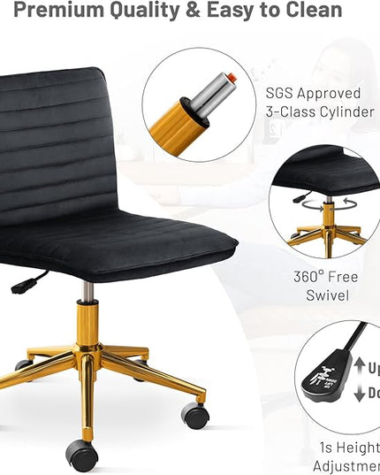 Furniliving Home Office Chair, Armless Vanity Chair with Wheels Swivel Velvet Computer Rolling Desk Chair with Back, Adjustable Accent Chair with Gold Metal Base Stool Chair,Black - LeafyLoom