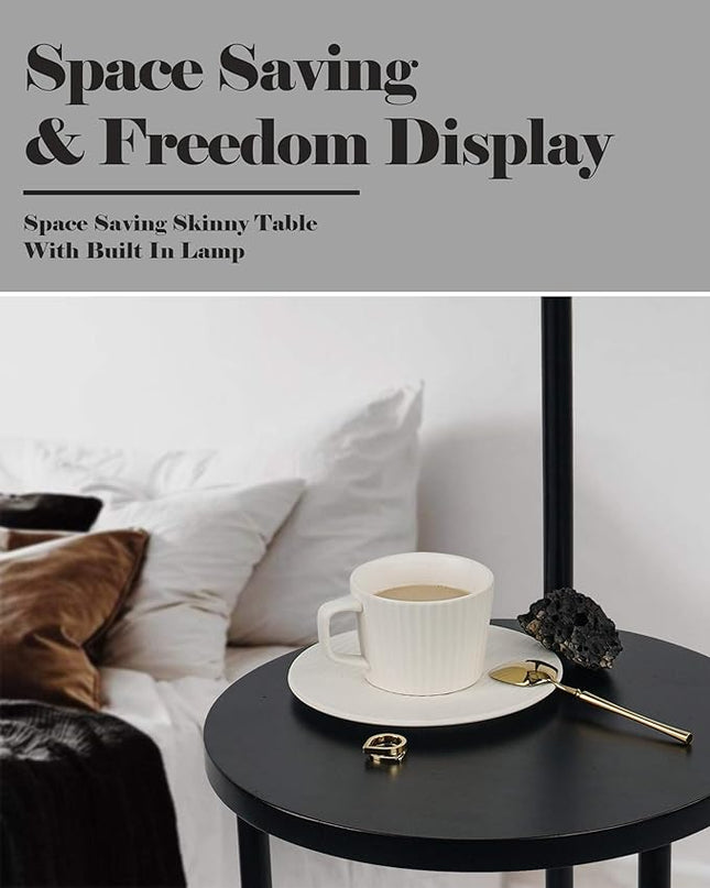 ELYONA Modern Floor Lamp for Living Room, Solid Wood Side Table Lamp with Grey Fabric Drum Shade, 3-Color Temperatures End Table Standing Light for Bedroom, Living Room, LED Bulb Included, Matte Black - LeafyLoom