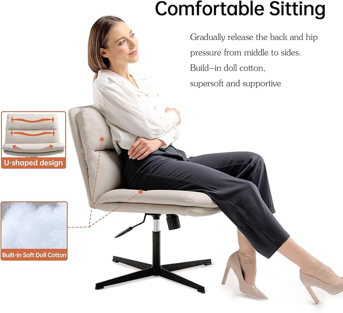 EMIAH Armless Office Desk Chair No Wheels PU-Padded Vanity Mid-Back Ergonomic Home Computer Comfortable Adjustable Swivel Task Chair with Thickened Cushion - LeafyLoom