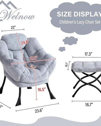 Welnow Toddler Kids Lazy Chair with Ottoman, Accent Comfy Lounge Children Armchair Couch with Armrest and Removable Cover, Detachable Reading Chair with Footrest for Boy or Girl, Plush Grey - LeafyLoom