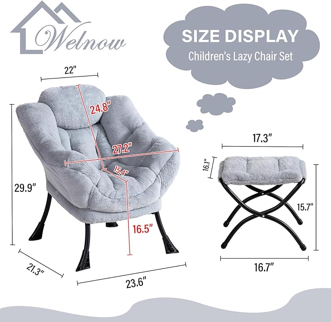 Welnow Toddler Kids Lazy Chair with Ottoman, Accent Comfy Lounge Children Armchair Couch with Armrest and Removable Cover, Detachable Reading Chair with Footrest for Boy or Girl, Plush Grey - LeafyLoom