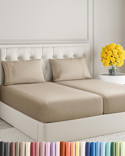 Split King Size 5 Piece Sheet Set - Comfy Breathable & Cooling Sheets - Hotel Luxury Bed Sheets for Women & Men - Deep Pockets, Easy-Fit, Soft & Wrinkle Free Sheets - Cream Oeko-Tex Bed Sheet Set - LeafyLoom