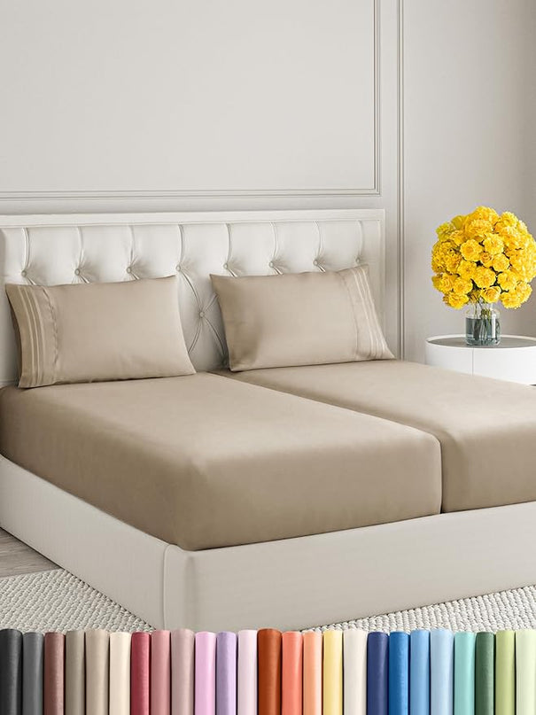 Split King Size 5 Piece Sheet Set - Comfy Breathable & Cooling Sheets - Hotel Luxury Bed Sheets for Women & Men - Deep Pockets, Easy-Fit, Soft & Wrinkle Free Sheets - Cream Oeko-Tex Bed Sheet Set - LeafyLoom