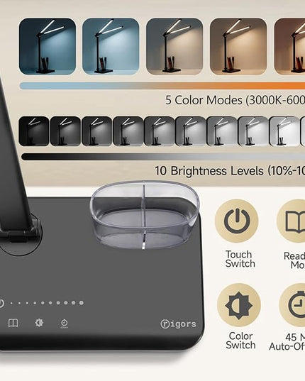 LED Desk Lamp for Home Office - Dual Swing Arm Desk Light with USB Charging Port,Eye-Caring Foldable 5 Color Modes 10 Brightness Levels Dimmable Desk Lamp for College Dorm Room (Black) - LeafyLoom