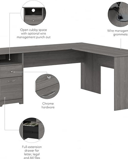 Bush Furniture L Shaped Desk with Drawers for Executive and Home Office | Cabot Collection Corner Table with Storage and Chrome Hardware Return, 72W, Modern Gray - LeafyLoom