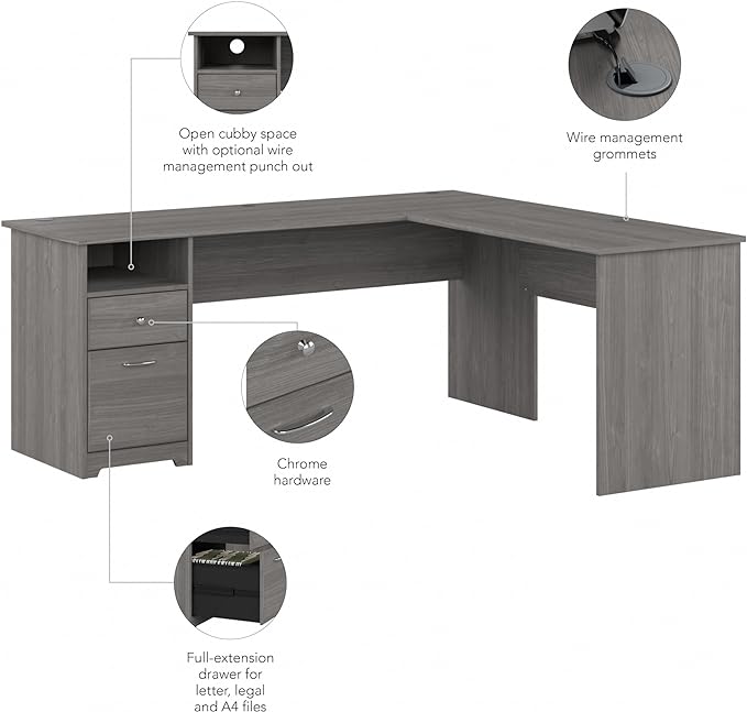 Bush Furniture L Shaped Desk with Drawers for Executive and Home Office | Cabot Collection Corner Table with Storage and Chrome Hardware Return, 72W, Modern Gray - LeafyLoom