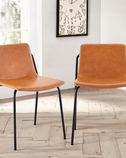 COLAMY Leather Dining Chairs Set of 2, Kitchen Dining Chairs with Back with Metal Legs for Kitchen Dining Living Room Restaurant Shop, Light Brown - LeafyLoom