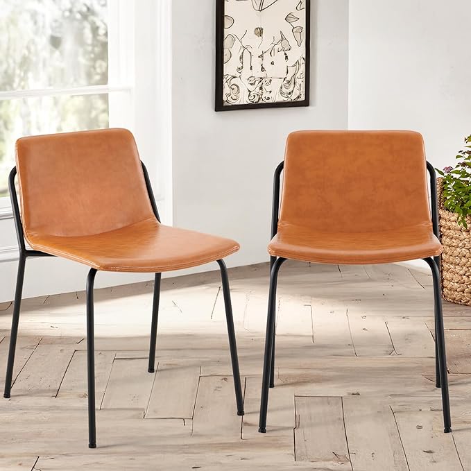 COLAMY Leather Dining Chairs Set of 2, Kitchen Dining Chairs with Back with Metal Legs for Kitchen Dining Living Room Restaurant Shop, Light Brown - LeafyLoom